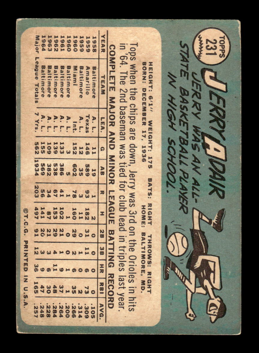 1965 Topps #231 Jerry Adair Baltimore Orioles VG 54T10008012