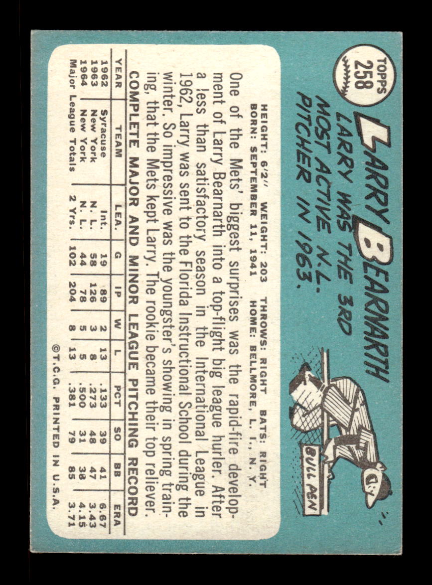 1965 Topps #258 Larry Bearnarth New York Mets VG 54T10008027