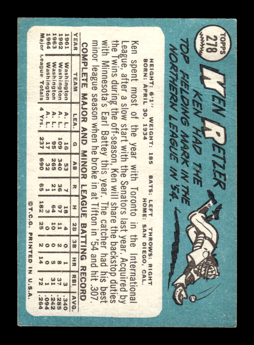 1965 Topps #278 Ken Retzer Minnesota Twins VG 54T10008035