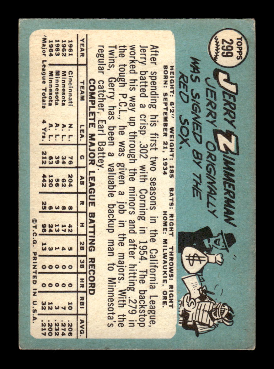 1965 Topps #299 Jerry Zimmerman Minnesota Twins VG 54T10008050