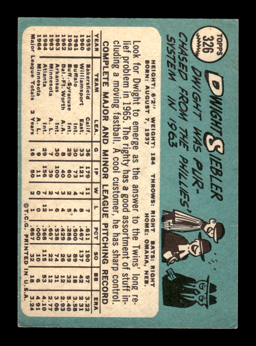 1965 Topps #326 Dwight Siebler Minnesota Twins VG 54T10008063
