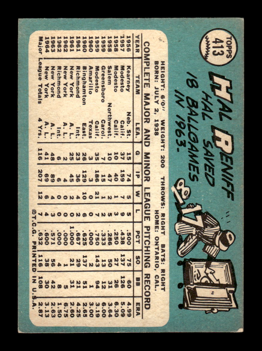 1965 Topps #413 Hal Reniff New York Yankees VG 54T10008099