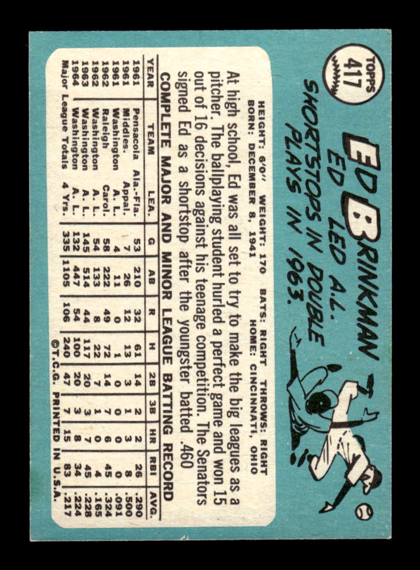 1965 Topps #417 Ed Brinkman Washington Senators VG 54T10008102