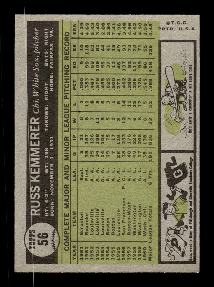 1961 Topps #56 Russ Kemmerer Chicago White Sox EXMT KC10008388