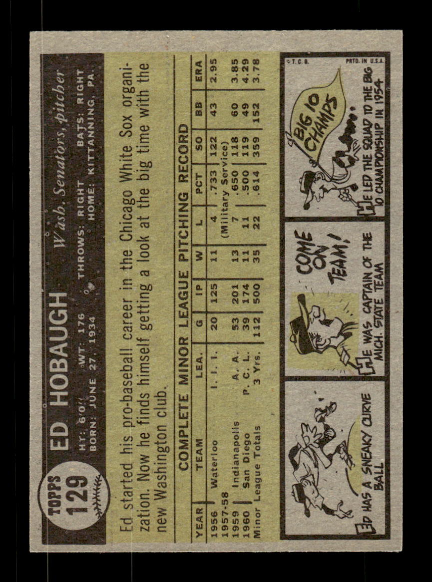 1961 Topps #129 Ed Hobaugh Washington Senators EXMT KC10008415