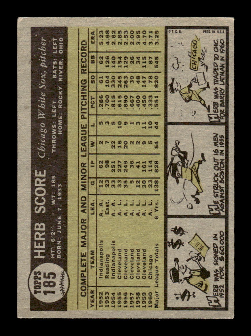1961 Topps #185 Herb Score Chicago White Sox EXMT KC10008465