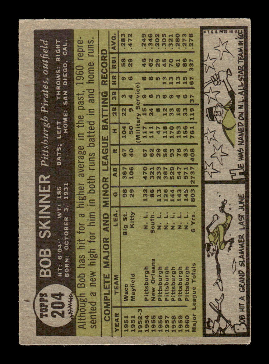 1961 Topps #204 Bob Skinner Pittsburgh Pirates EXMT KC10008483