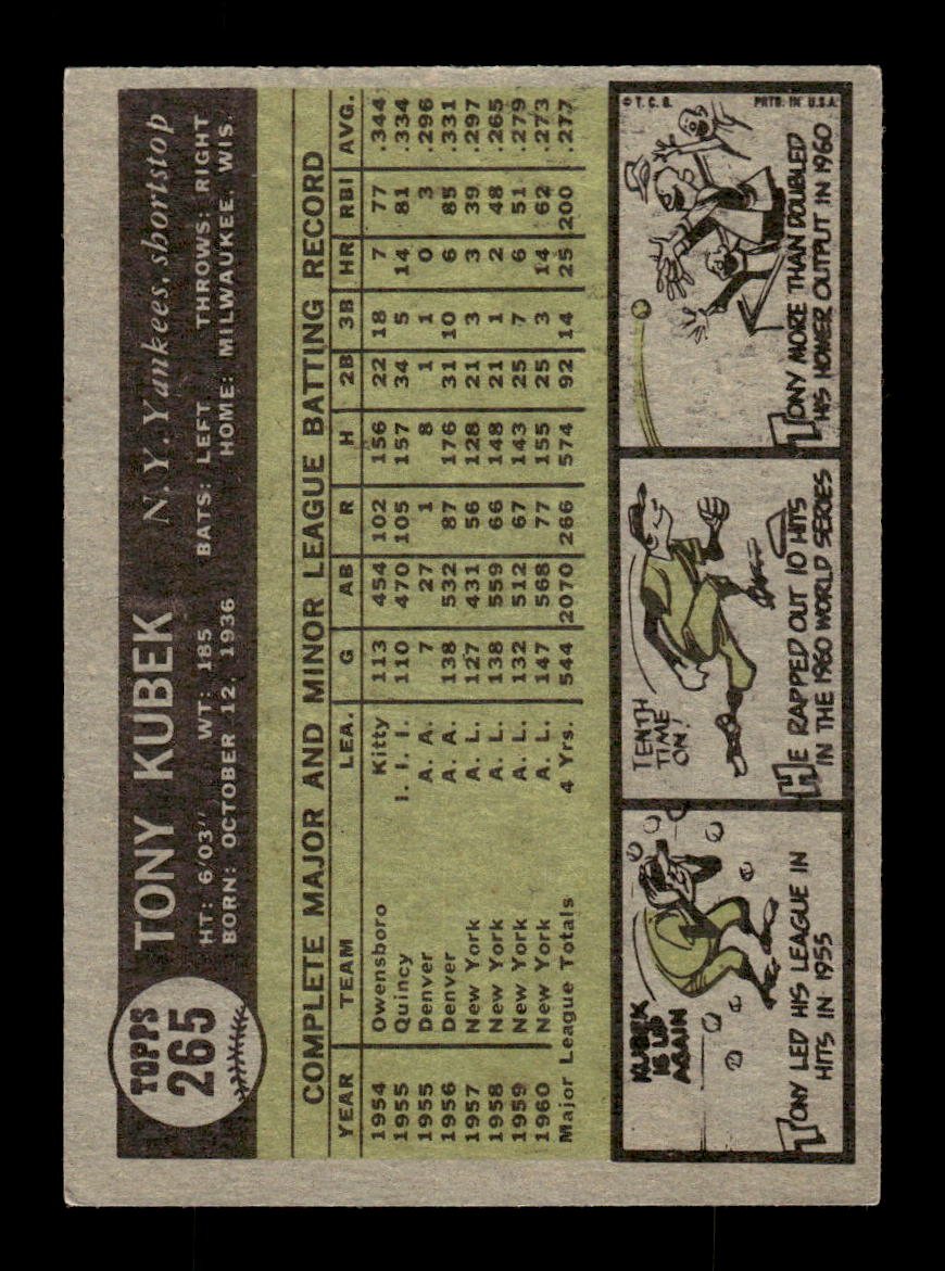1961 Topps #265 Tony Kubek New York Yankees EXMT KC10008536