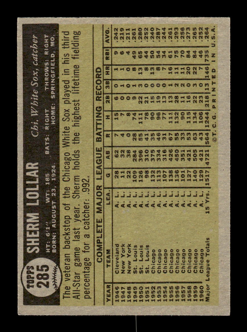 1961 Topps #285 Sherm Lollar Chicago White Sox EXMT KC10008554