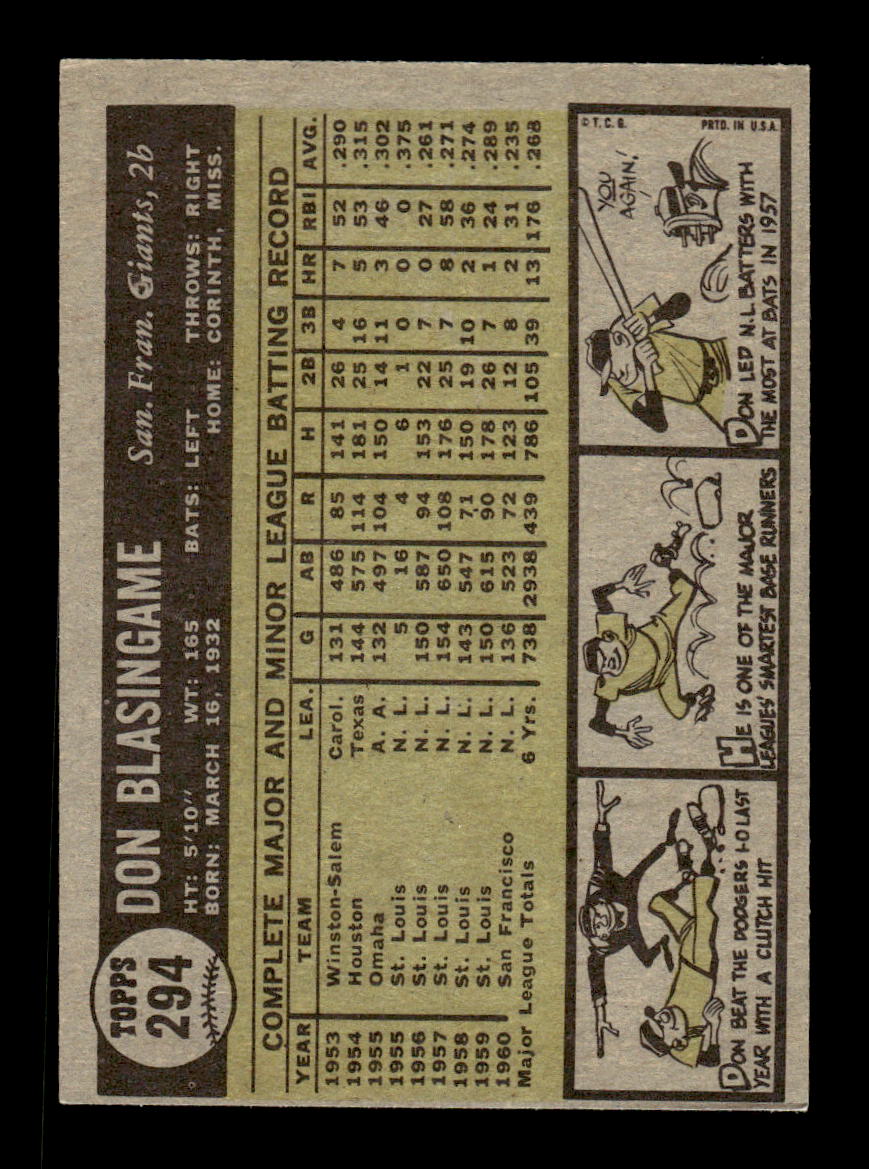 1961 Topps #294 Don Blasingame San Francisco Giants EXMT KC10008561