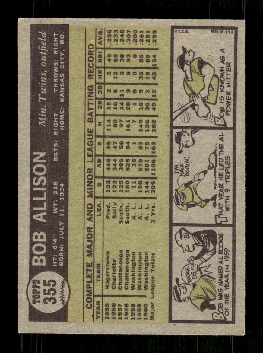 1961 Topps #355 Bob Allison Minnesota Twins EXMT KC10008605