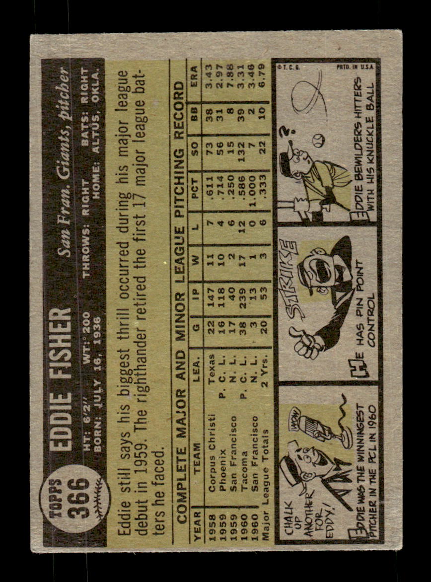 1961 Topps #366 Eddie Fisher San Francisco Giants EXMT KC10008613