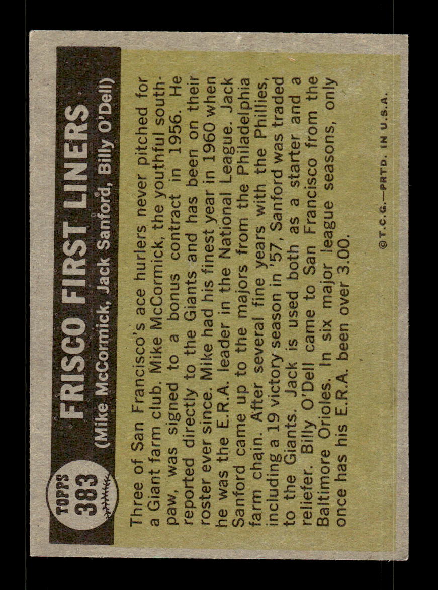 1961 Topps #383 Frisco First Liners San Francisco Giants EXMT KC10008625