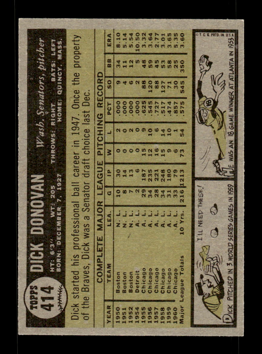 1961 Topps #414 Dick Donovan Washington Senators NMT KC10008637