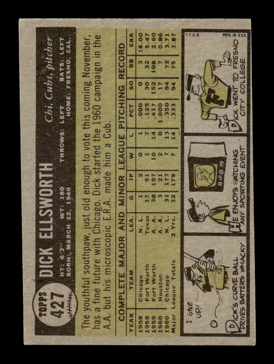 1961 Topps #427 Dick Ellsworth Chicago Cubs EXMT KC10008645