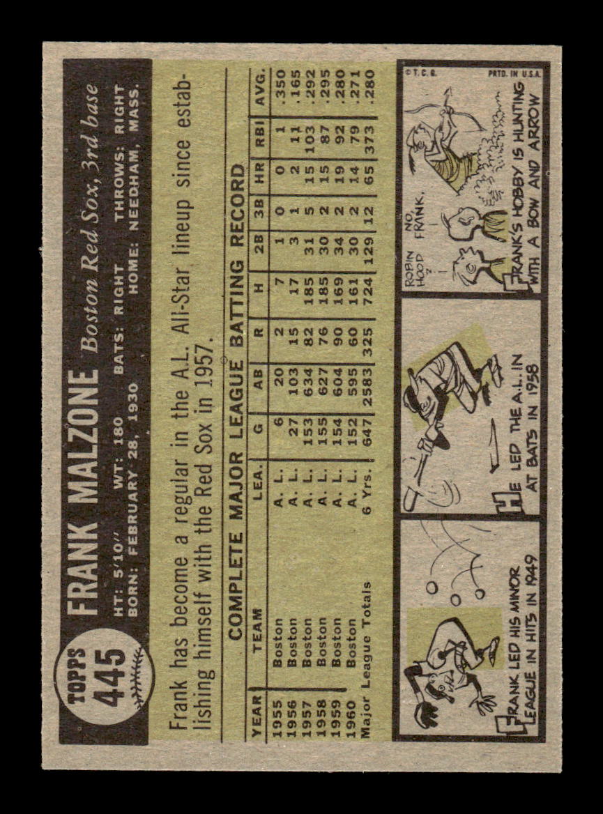 1961 Topps #445 Frank Malzone Boston Red Sox EXMT KC10008654