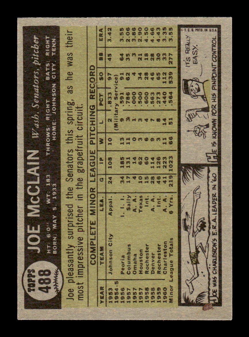 1961 Topps #488 Joe McClain Washington Senators EXMT KC10008671