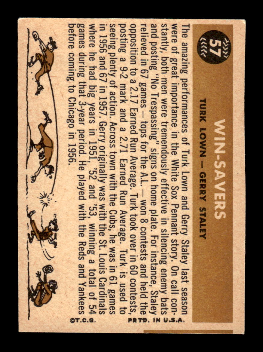 1960 Topps #57 Win-Savers Turk Lown Gerry Staley EXMT KC10008739