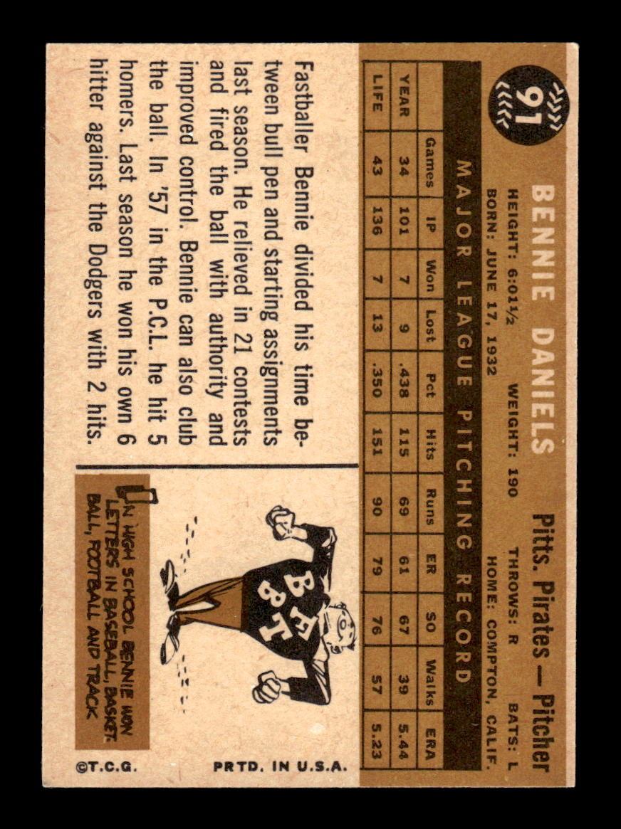 1960 Topps #91 Bennie Daniels Pittsburgh Pirates EXMT KC10008766