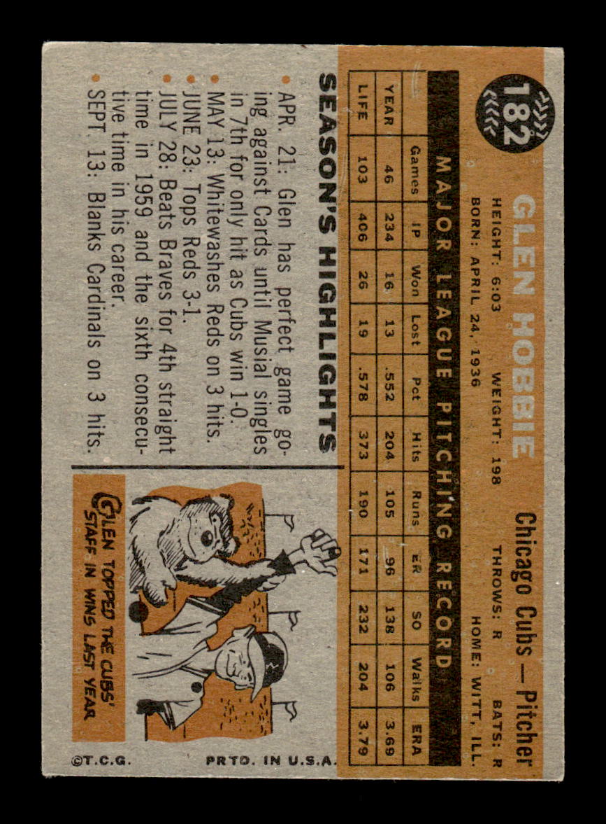 1960 Topps #182 Glen Hobbie Chicago Cubs EXMT KC10008842