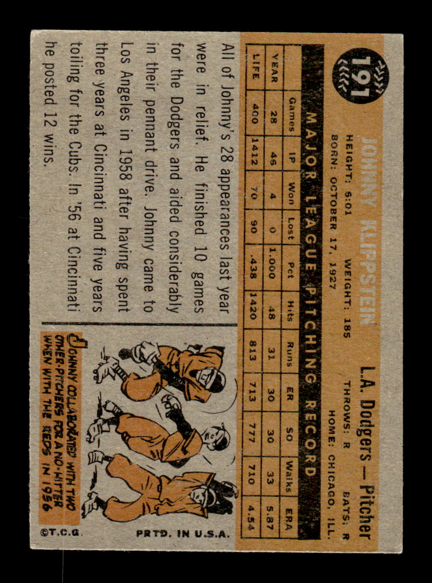 1960 Topps #191 Johnny Klippstein Los Angeles Dodgers EXMT KC10008851