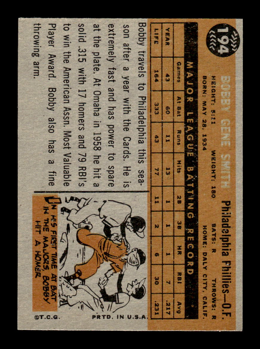 1960 Topps #194 Bobby Gene Smith Philadelphia Phillies EXMT KC10008853