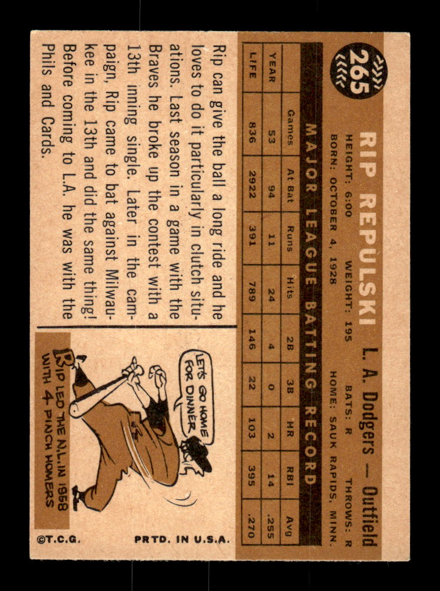 1960 Topps #265 Rip Repulski Los Angeles Dodgers EXMT KC10008902