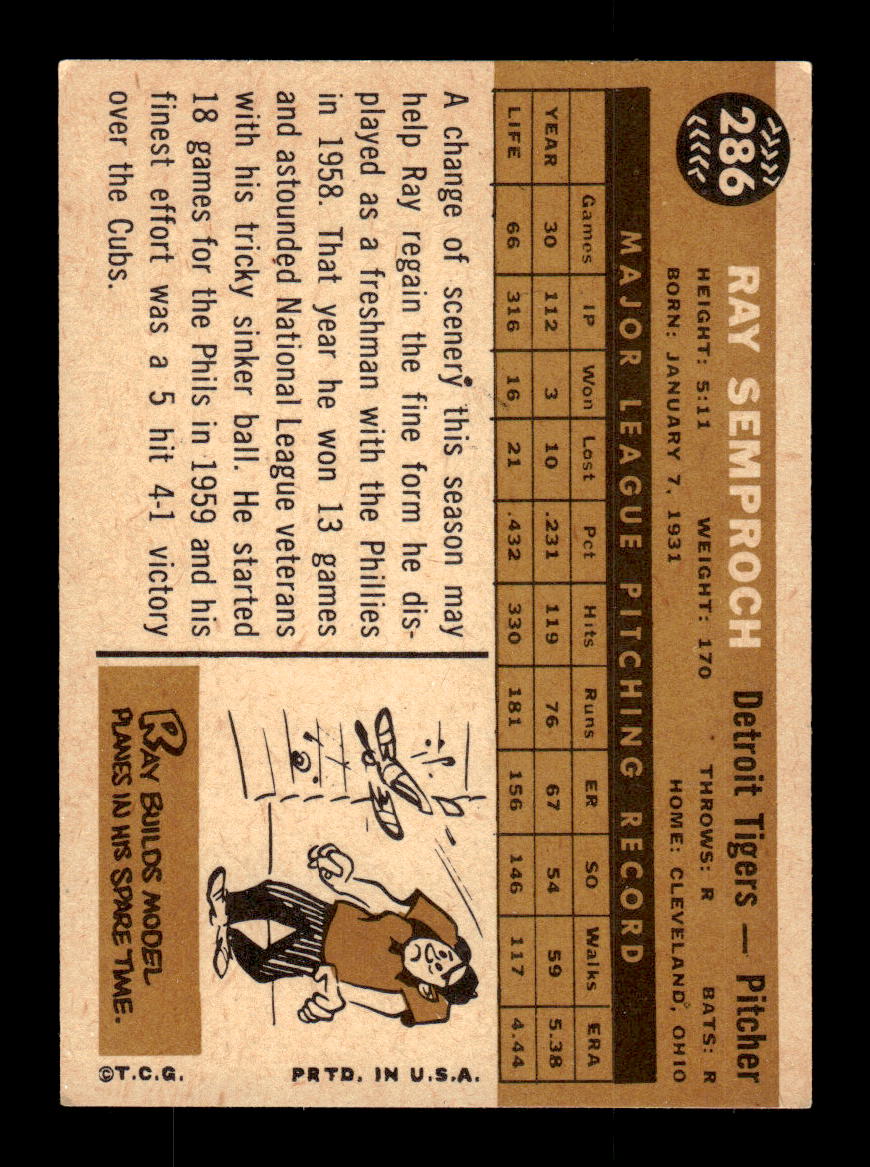 1960 Topps #286 Ray Semproch Detroit Tigers EXMT KC10008918
