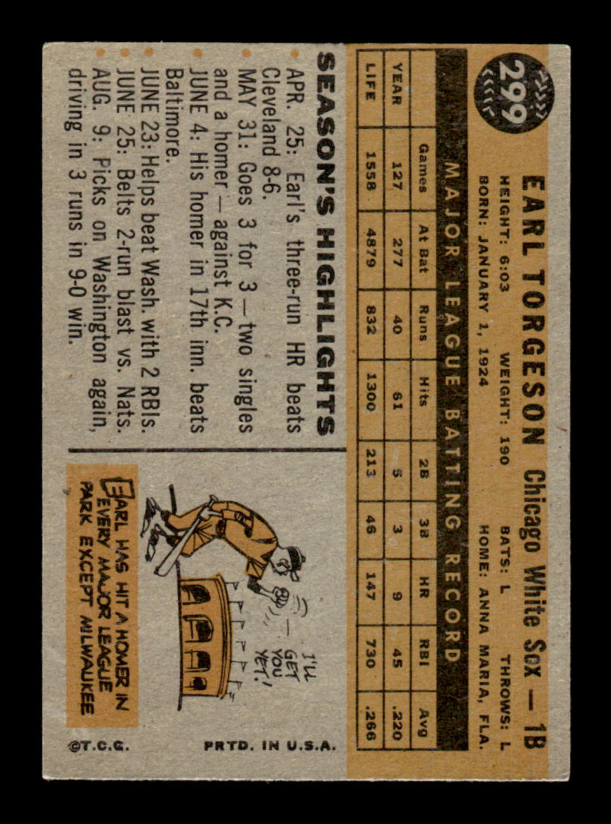 1960 Topps #299 Earl Torgeson Chicago White Sox EXMT KC10008929
