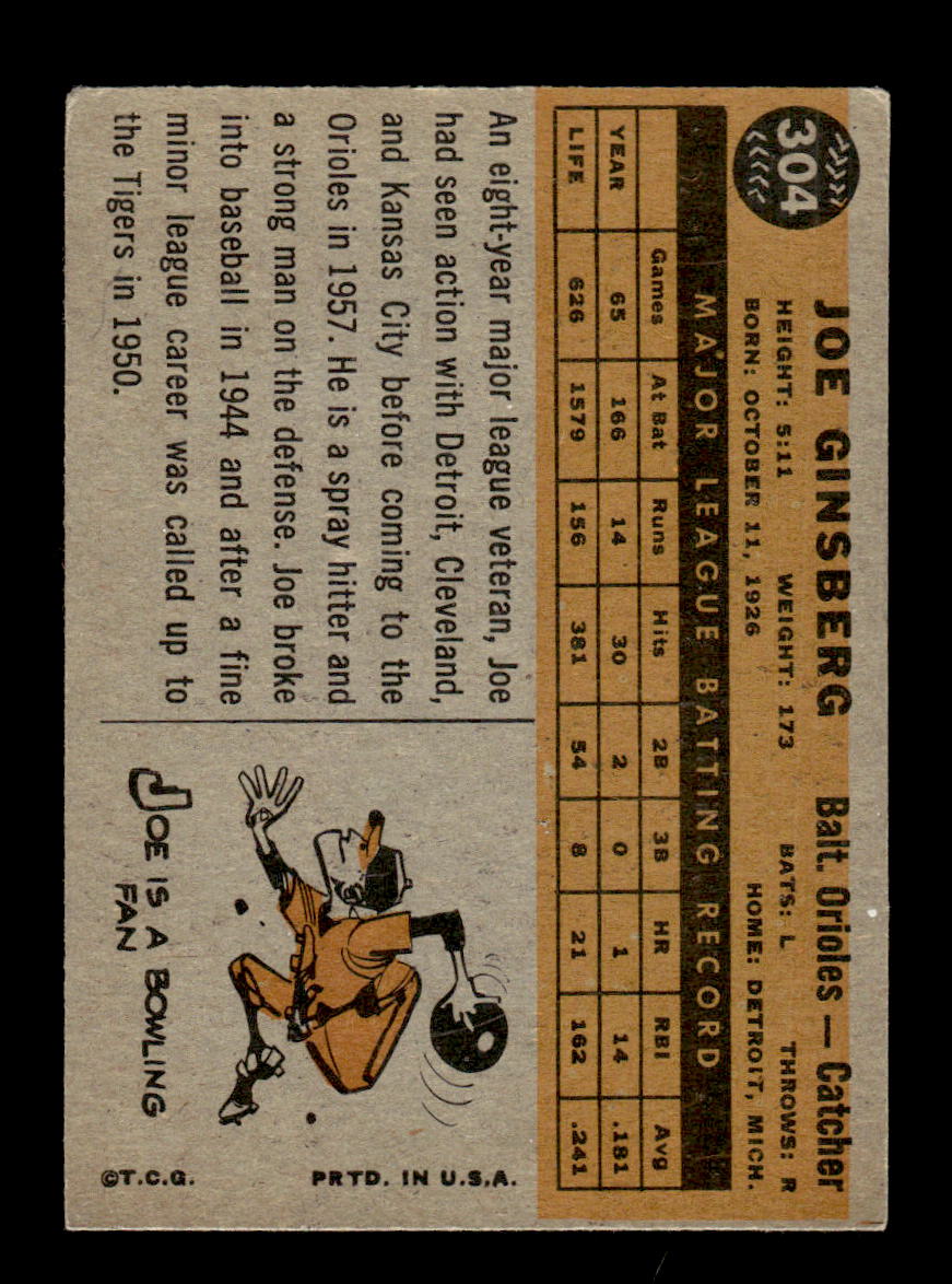 1960 Topps #304 Joe Ginsberg Baltimore Orioles EX KC10008932