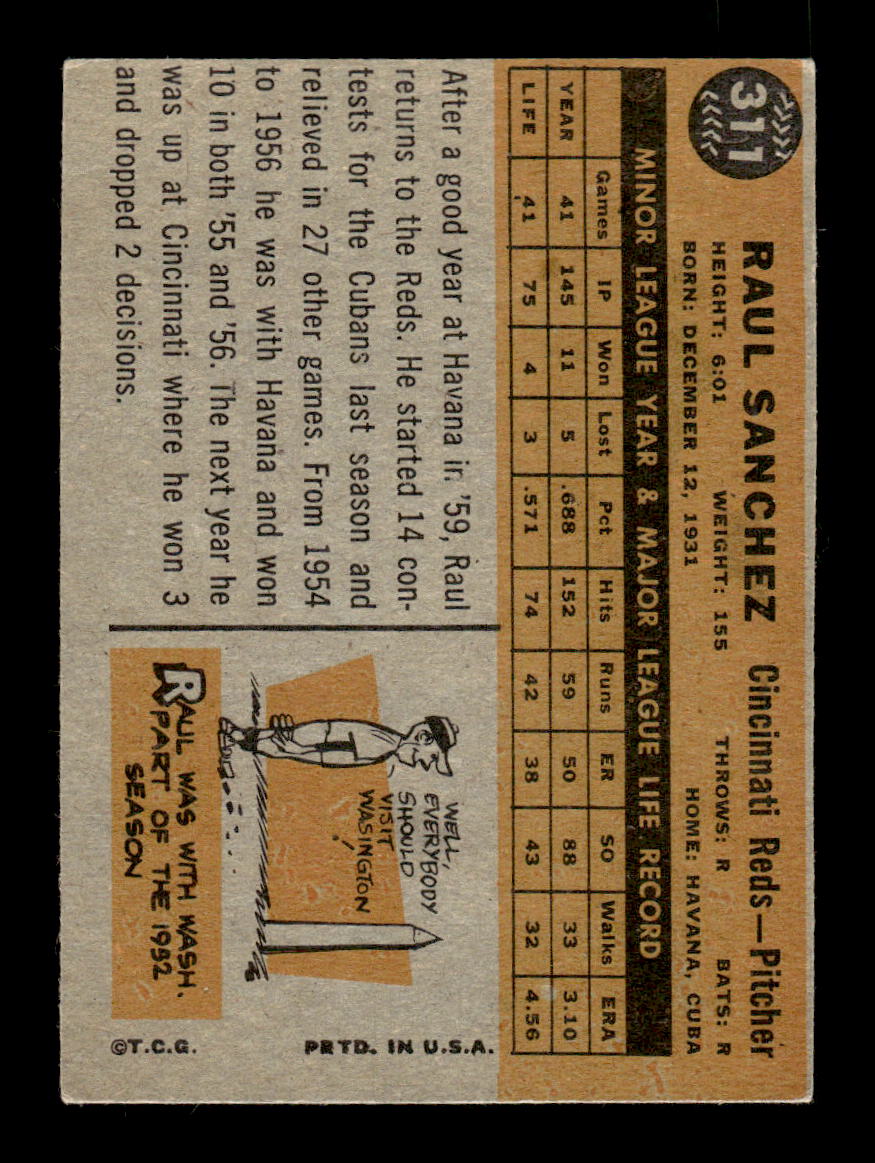 1960 Topps #311 Raul Sanchez Cincinnati Reds EXMT KC10008938