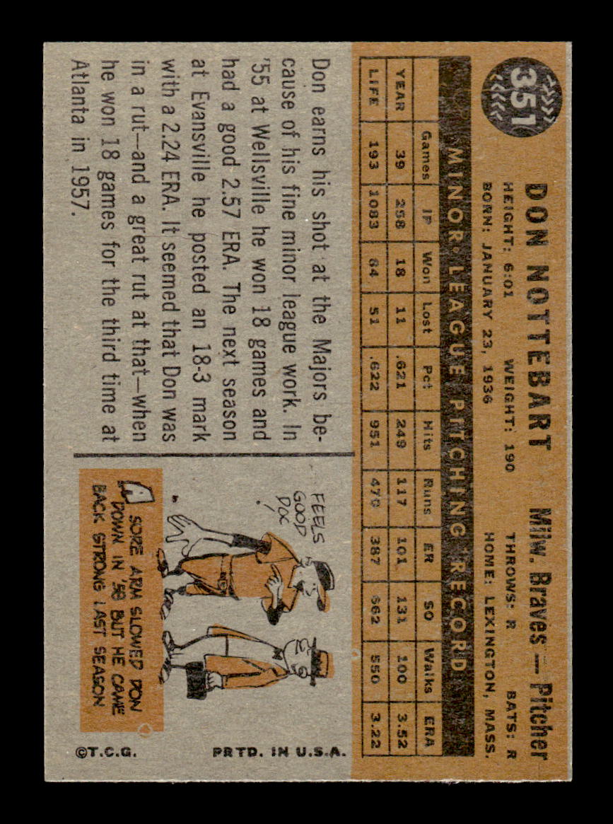 1960 Topps #351 Don Nottebart Milwaukee Braves EXMT KC10008965