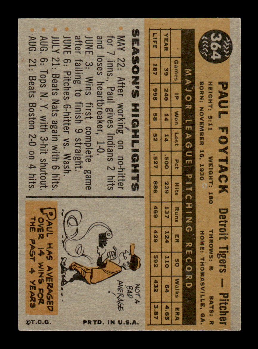 1960 Topps #364 Paul Foytack Detroit Tigers EXMT KC10008972