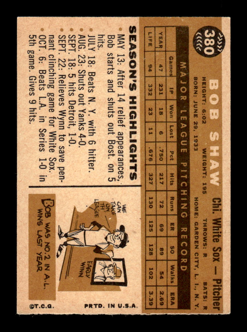 1960 Topps #380a Bob Shaw Chicago White Sox EXMT KC10008985