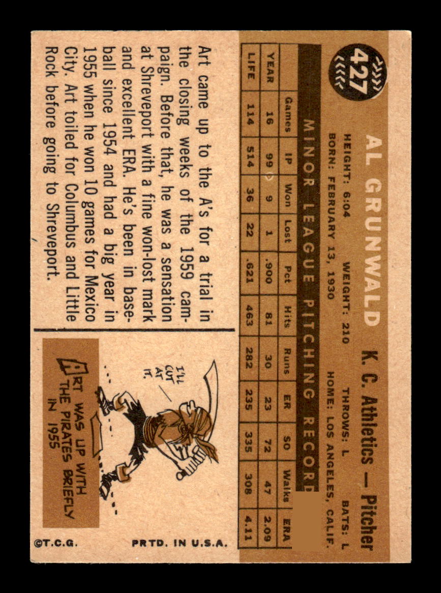 1960 Topps #427a Al Grunwald Kansas City Athletics EXMT KC10009015