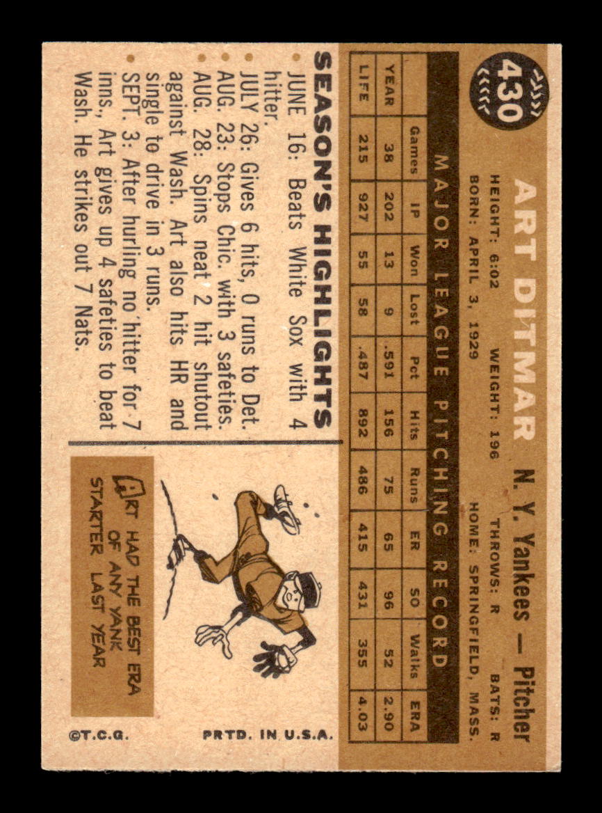 1960 Topps #430b Art Ditmar New York Yankees EXMT KC10009017