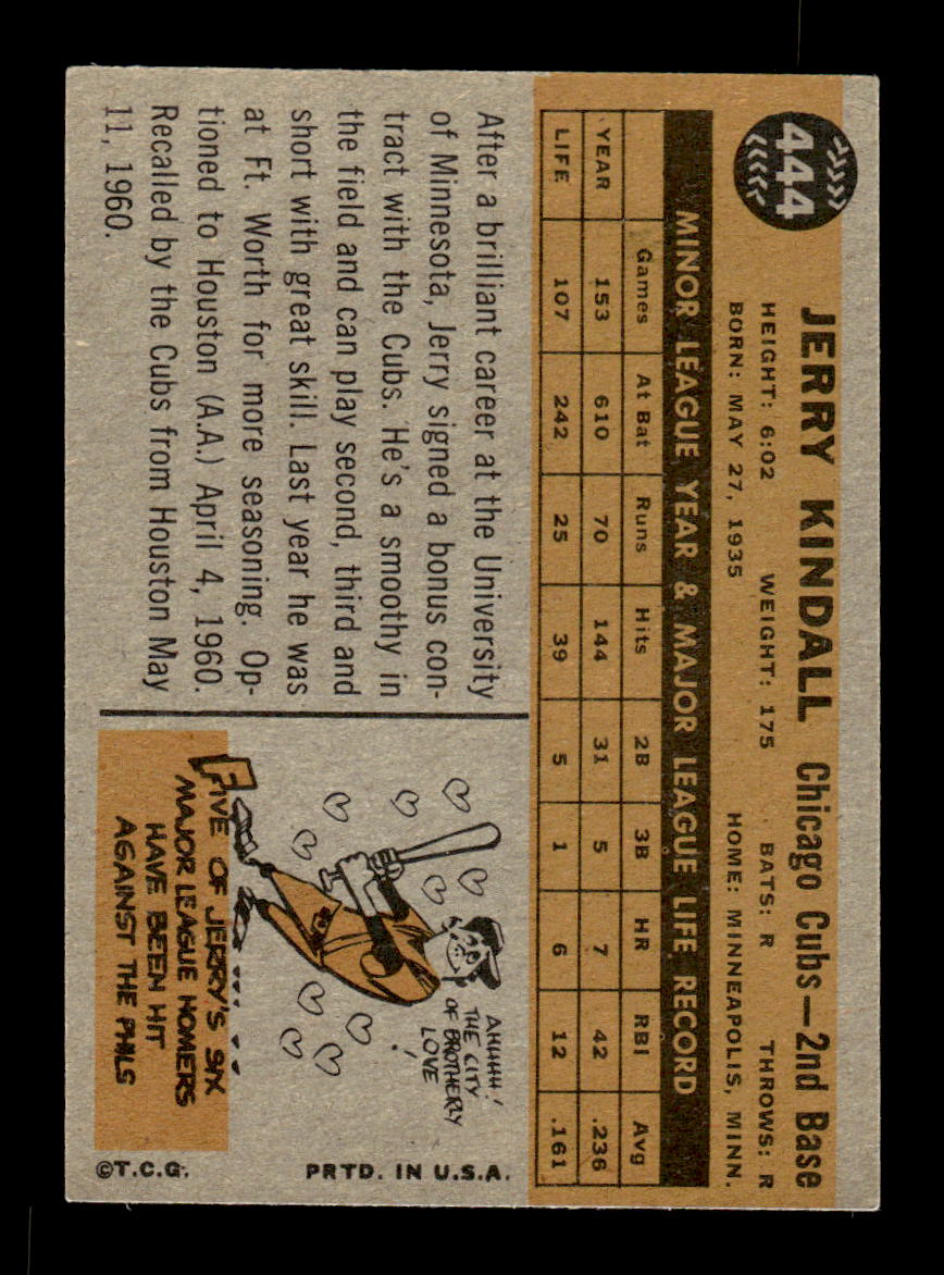 1960 Topps #444 Jerry Kindall Chicago Cubs EXMT KC10009026