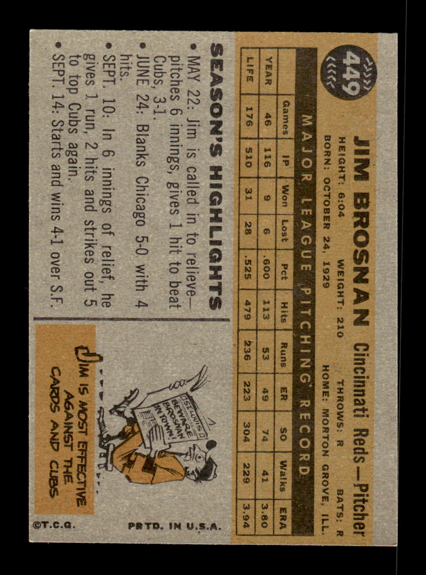 1960 Topps #449 Jim Brosnan Cincinnati Reds EXMT KC10009029