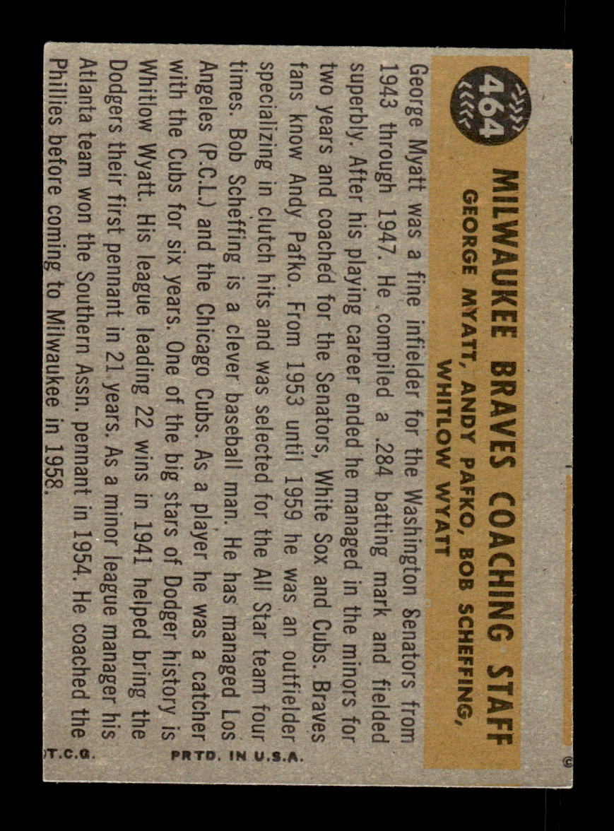 1960 Topps #464 Milwaukee Braves Coaches EXMT KC10009037