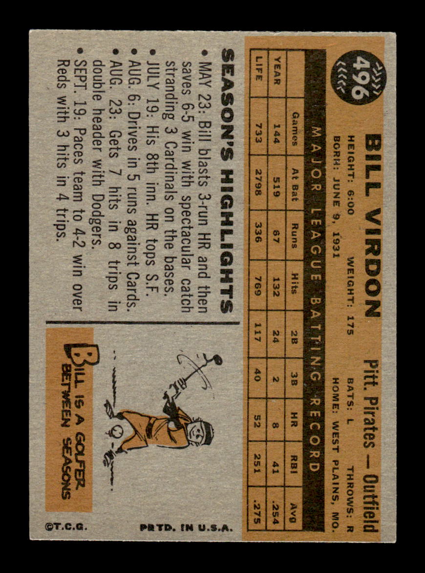 1960 Topps #496 Bill Virdon Pittsburgh Pirates NMT KC10009053
