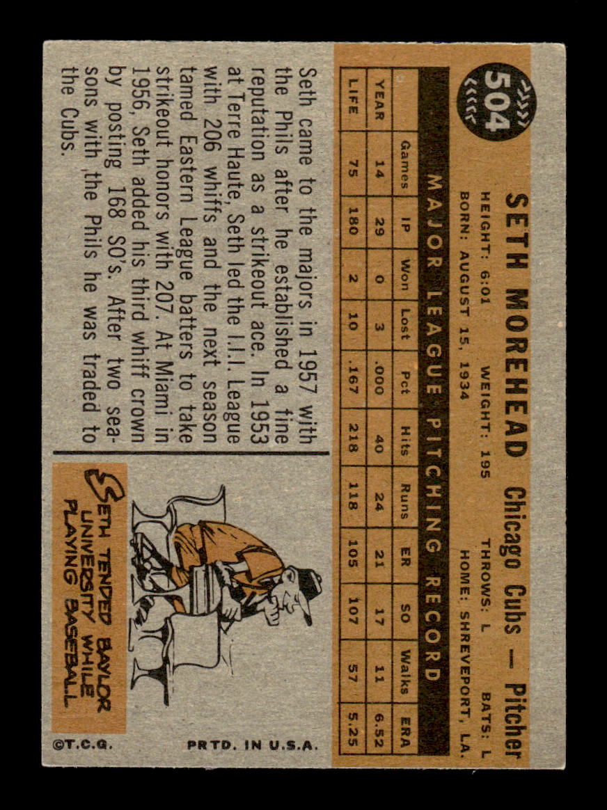 1960 Topps #504 Seth Morehead Chicago Cubs EXMT KC10009058