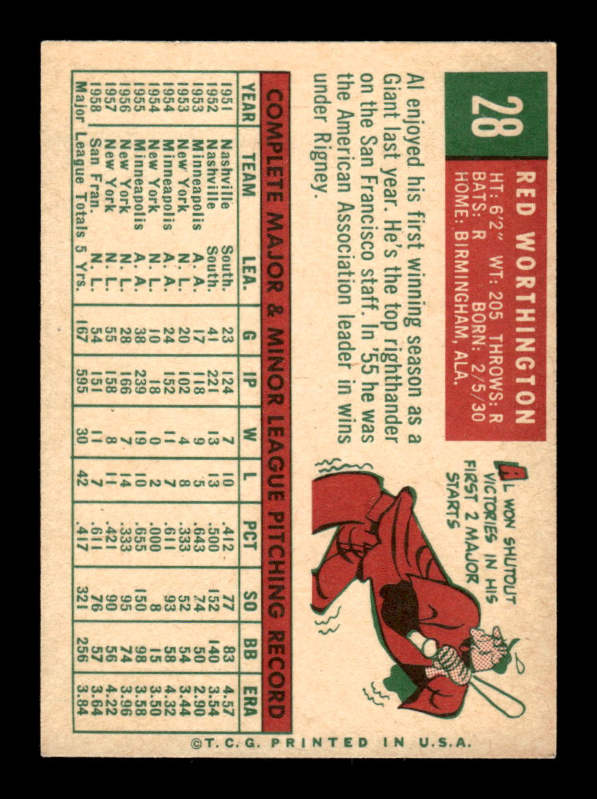 1959 Topps #28 Red Worthington San Francisco Giants EXMT KC10009087