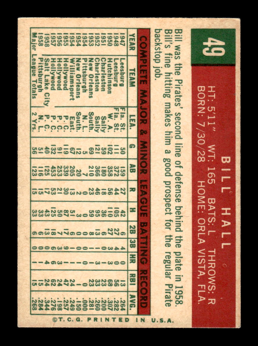 1959 Topps #49 Bill Hall Pittsburgh Pirates EXMT KC10009107