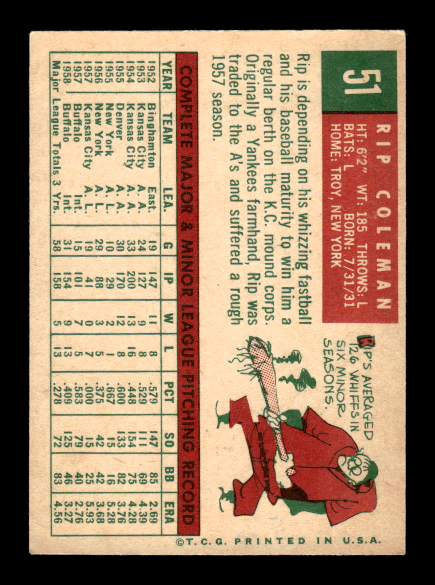 1959 Topps #51 Rip Coleman Kansas City Athletics EXMT KC10009108