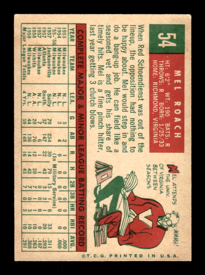 1959 Topps #54 Mel Roach Milwaukee Braves EXMT KC10009111