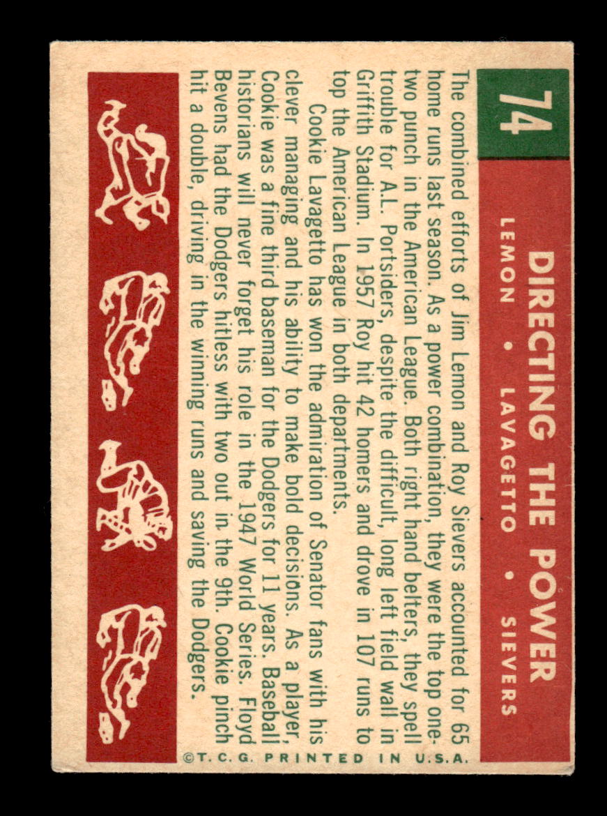 1959 Topps #74 Directing the Power Lemon Lavagetto Sievers EXMT KC10009130