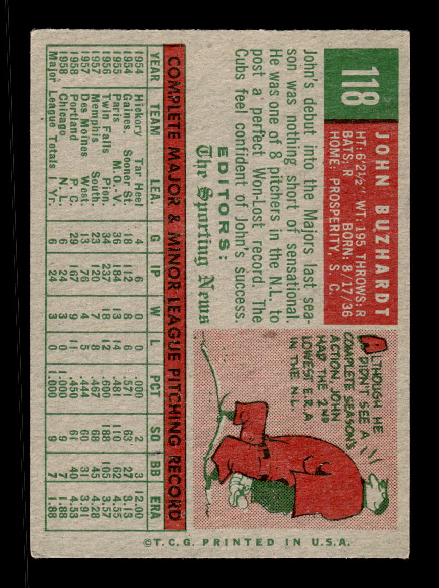 1959 Topps #118 John Buzhardt Chicago Cubs EXMT KC10009167