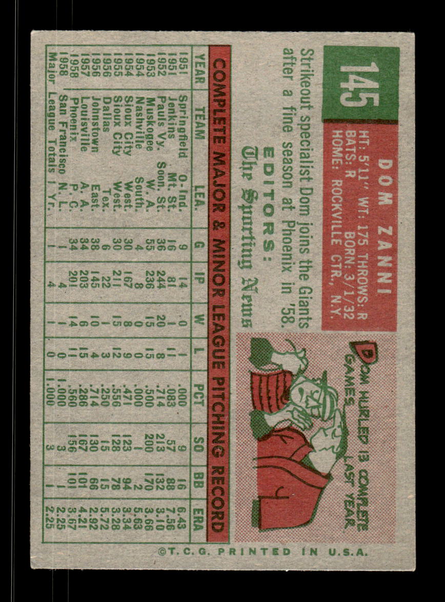 1959 Topps #145 Dom Zanni San Francisco Giants EXMT KC10009194