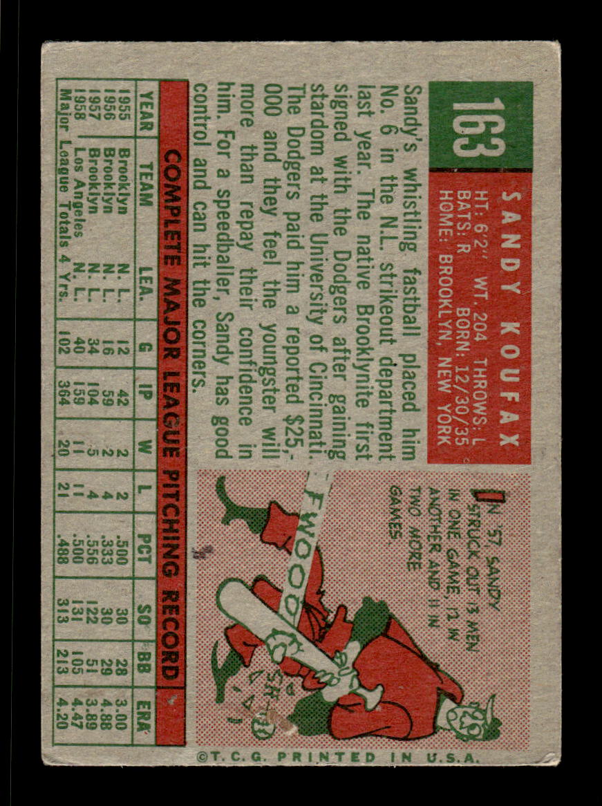 1959 Topps #163 Sandy Koufax Los Angeles Dodgers VGEX KC10009209