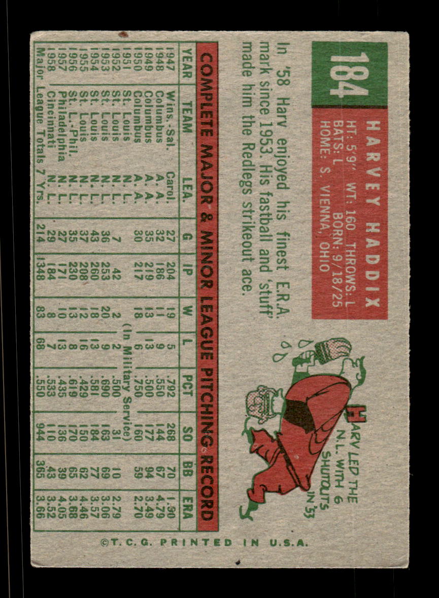 1959 Topps #184 Harvey Haddix Cincinnati Redlegs EX KC10009226